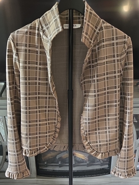 Grace Karin Jackets & Blazers - Grace Karin Beige Plaid Ruffle-Trim Blazer